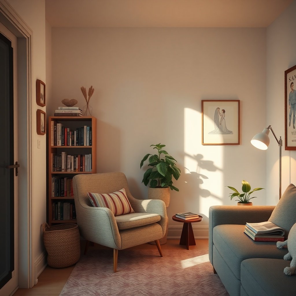 A cozy reading nook with a comfortable chair, bookshelf, and natural light.