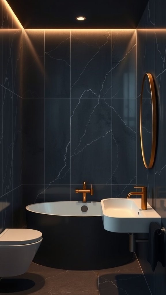 Elegant bathroom design featuring dark elements and gold fixtures.