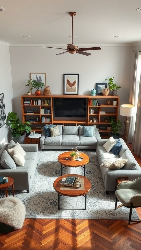 A stylish living room with distinct seating areas and a warm color palette.