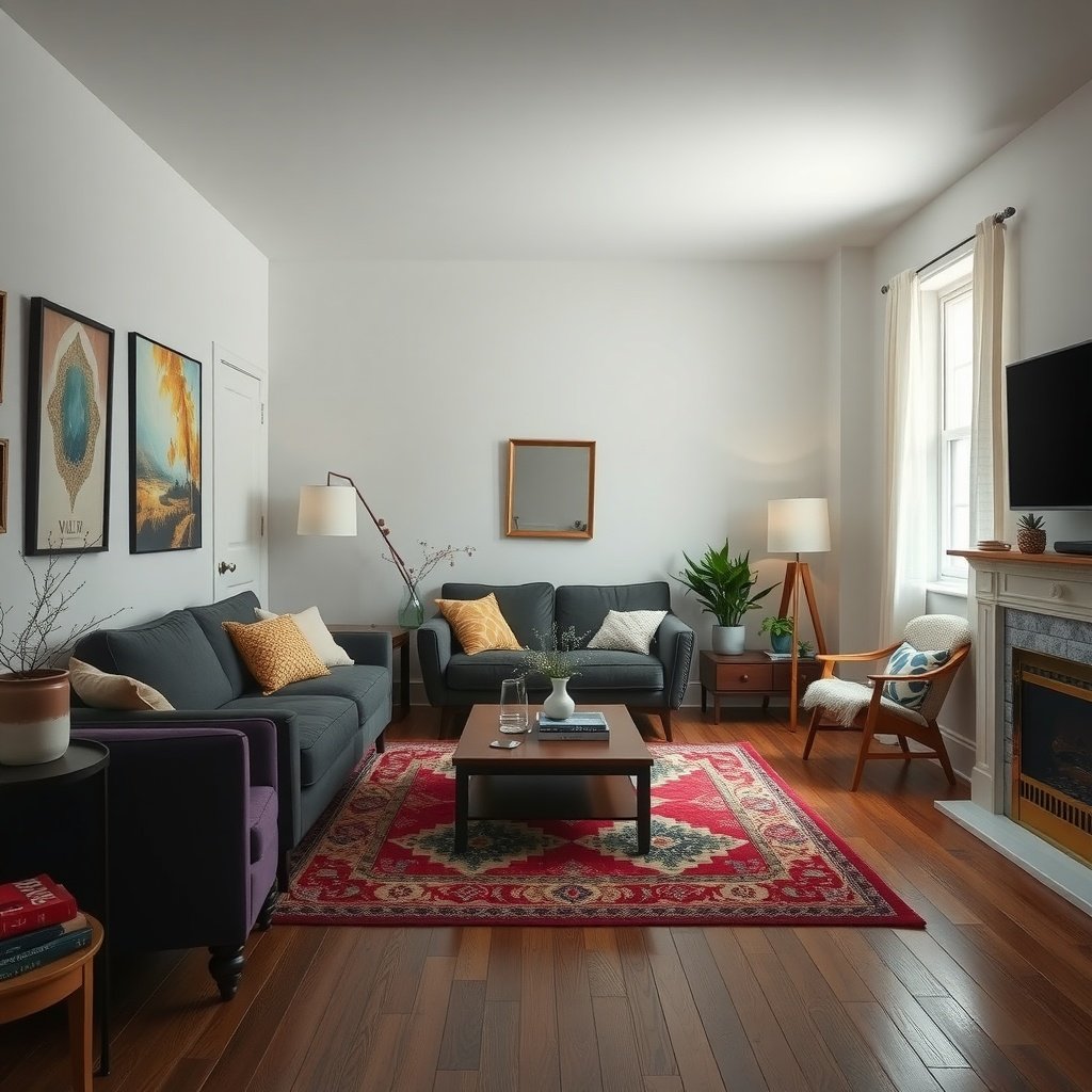 A cozy small living room with an area rug defining the seating area.