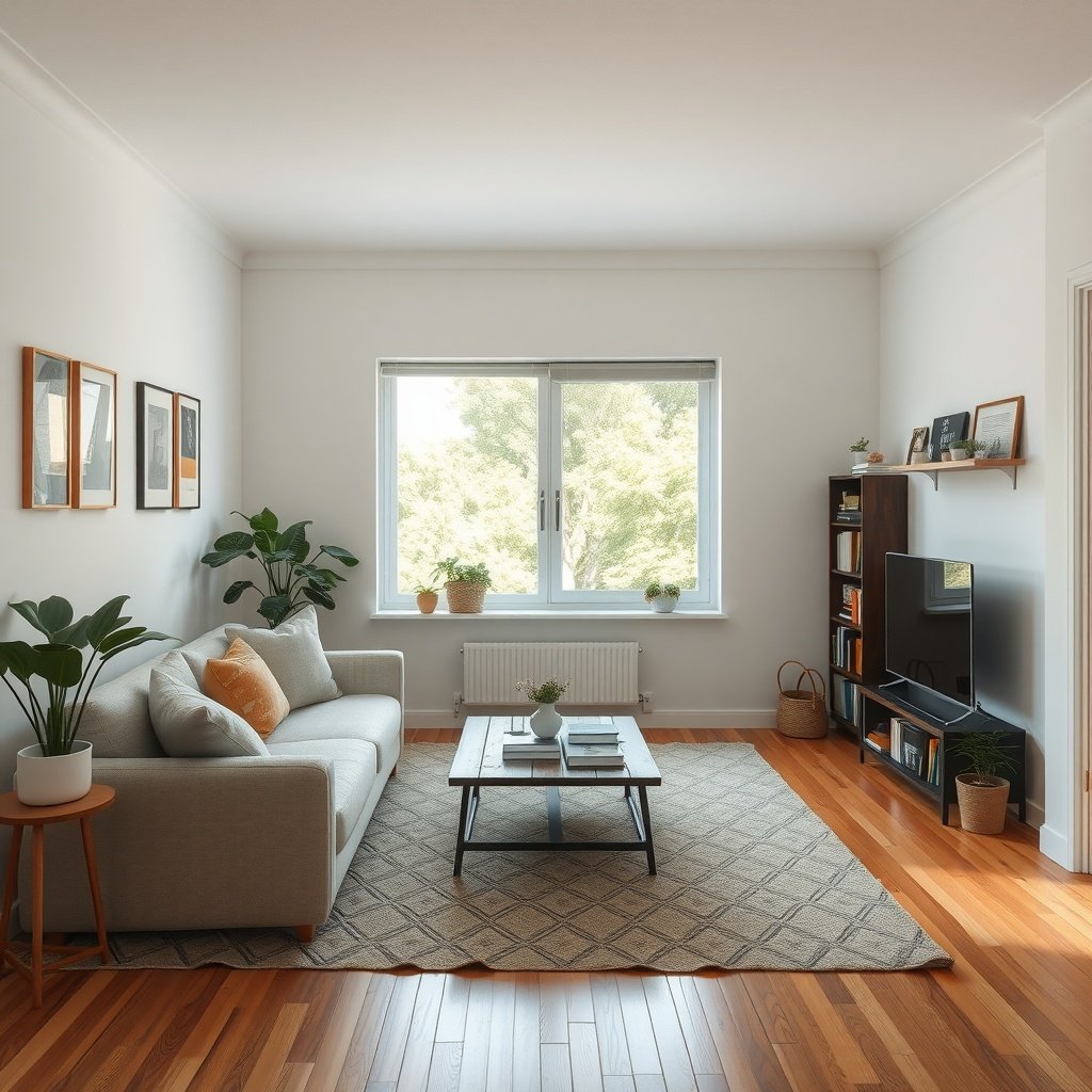 A small living room with a cozy sofa, coffee table, and plants, showcasing effective furniture placement.