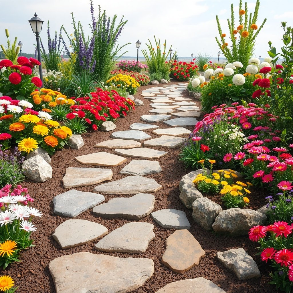 A beautiful garden pathway lined with colorful flowers.