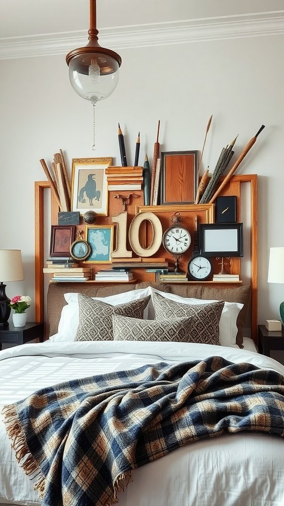 A creative headboard made from various frames, books, and decorative items, enhancing the bedroom's aesthetic.