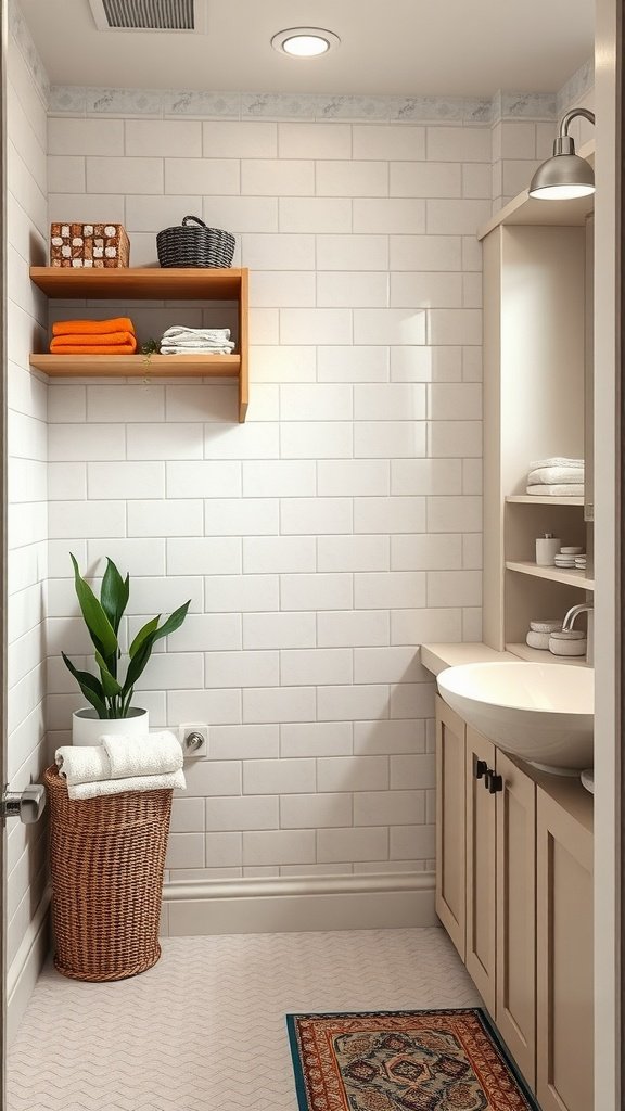 A modern bathroom with creative storage solutions, featuring shelves with towels and a plant.