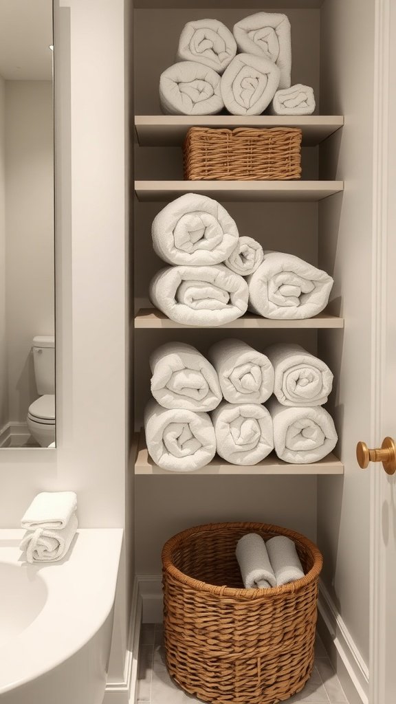 Shelves displaying neatly rolled and folded towels with woven baskets underneath.