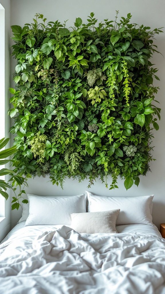 A vertical garden made of various green plants above a neatly made bed