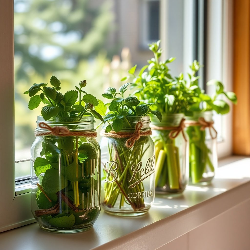 Four mason jars filled with various green plants sitting on a windowsill.