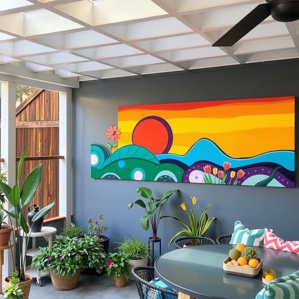 Colorful wall art displayed on a patio wall, with a chair and plants surrounding it.