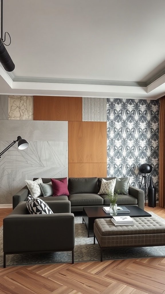 A contemporary living room featuring a mix of wood paneling, concrete, and patterned wallpaper, with stylish furniture and decor.