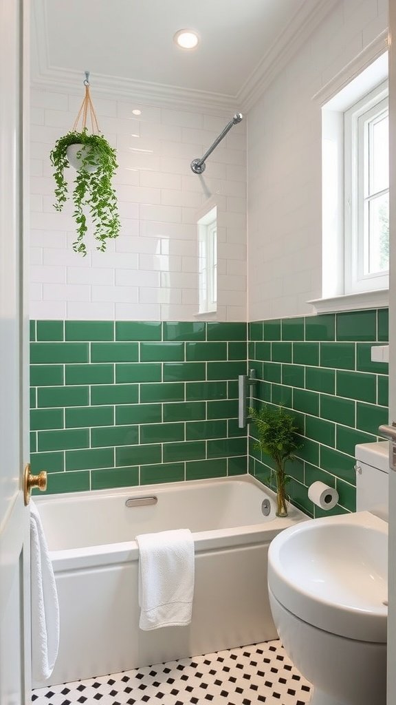A bright bathroom featuring green tiles and white accents.