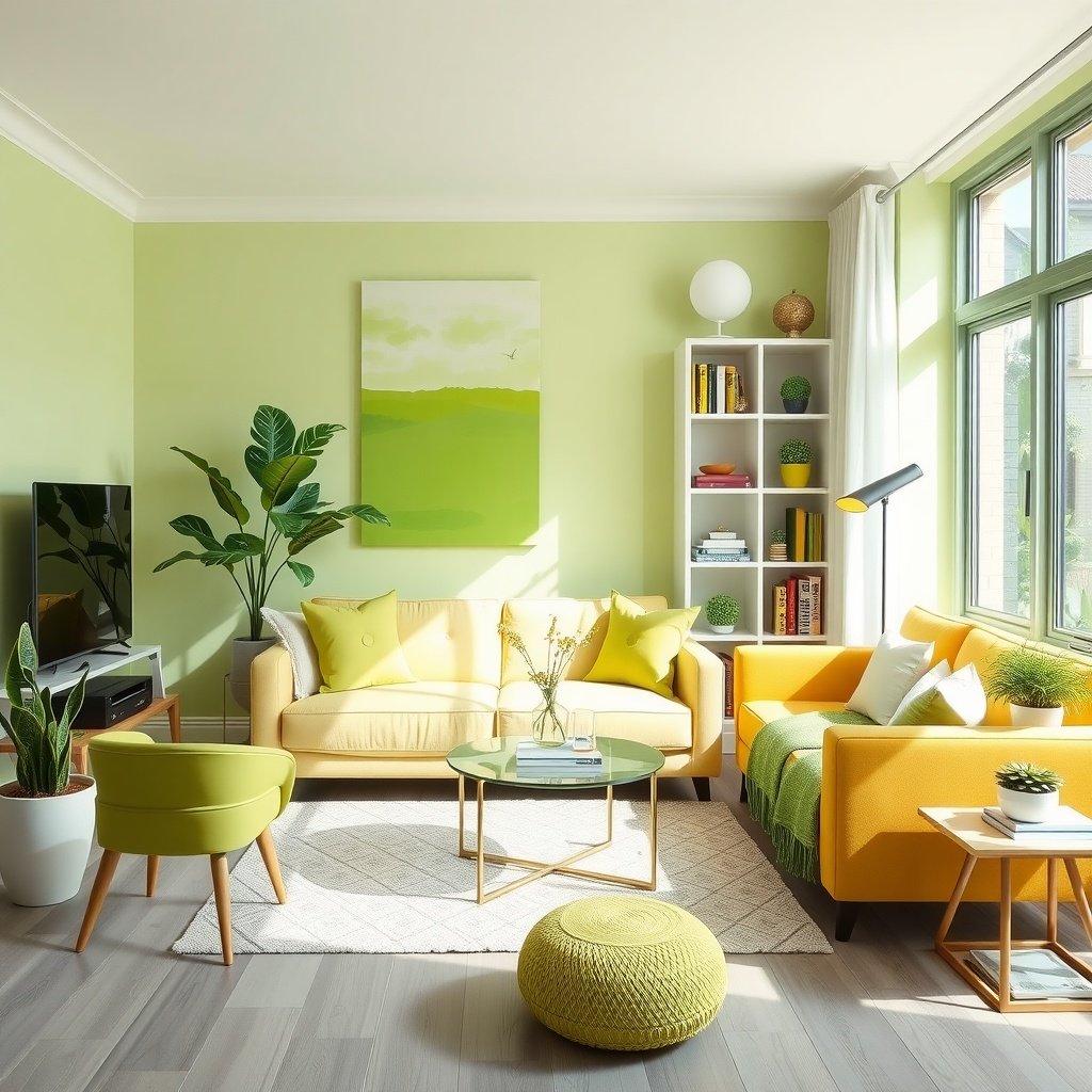 A bright living room featuring lime green and yellow accents, creating an energetic atmosphere.