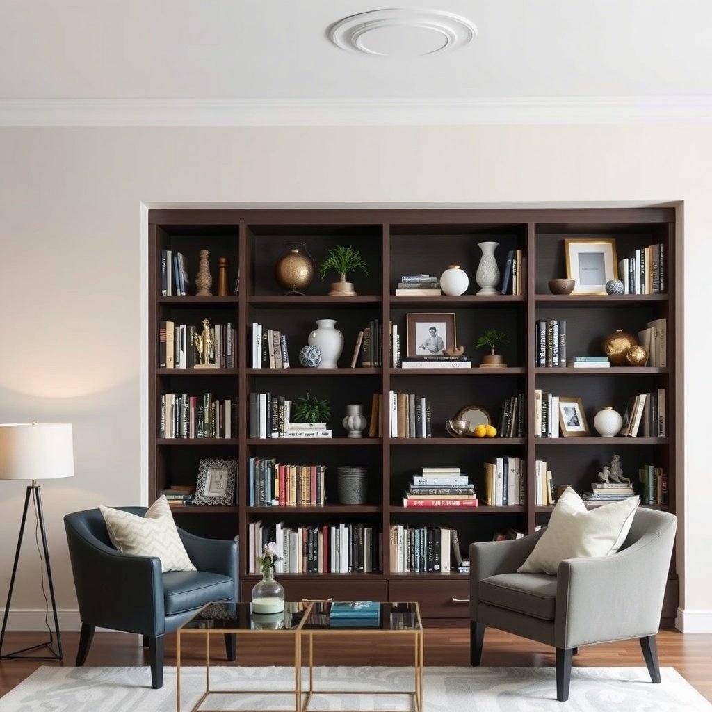 A stylish living room featuring curated bookshelves with a mix of books and decorative items.