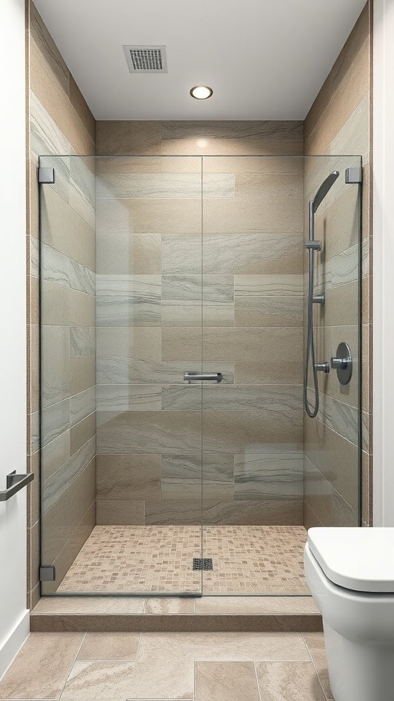 Curbless shower featuring natural stone tiles and a glass enclosure