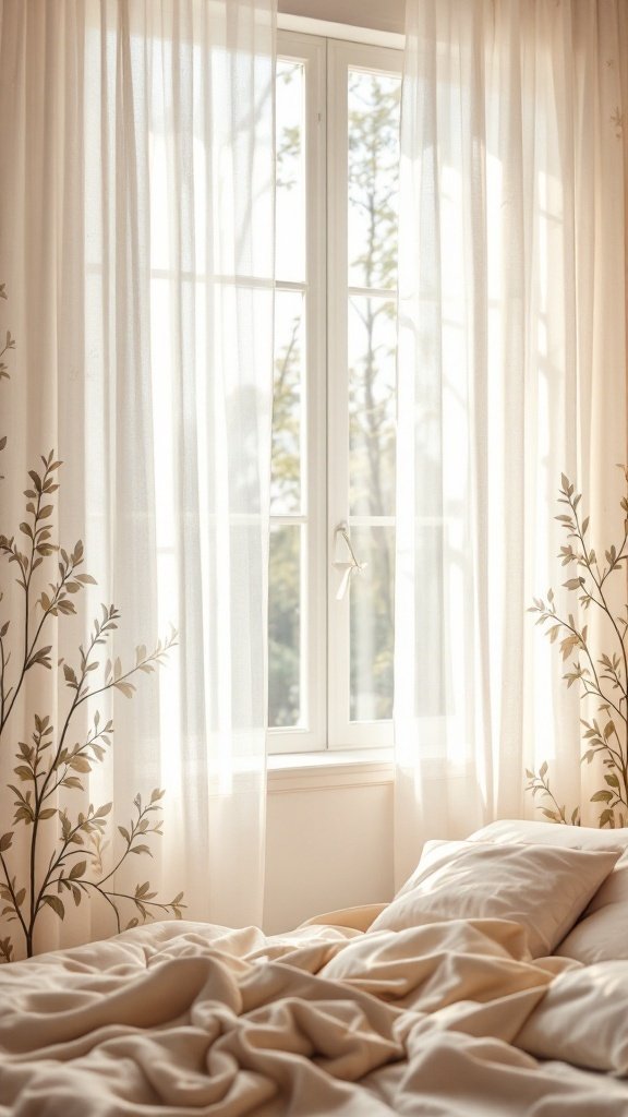 Sheer curtains with botanical designs hanging over a window in a cozy bedroom.