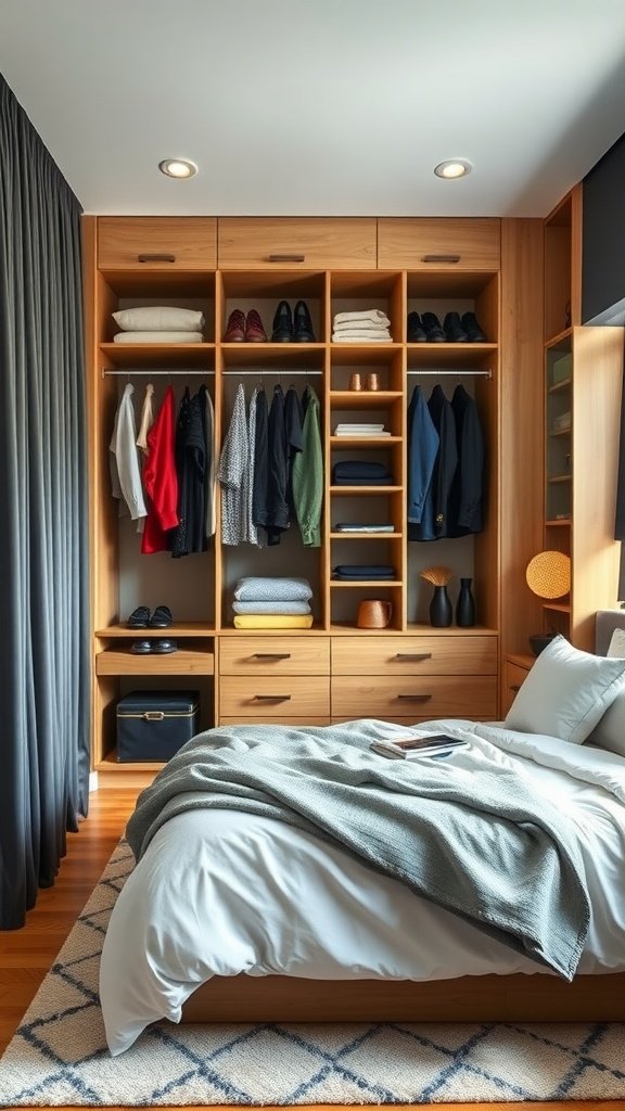 A well-organized custom closet featuring clothes and accessories in a small bedroom.