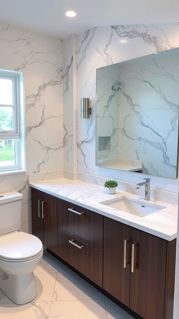 A luxurious bathroom featuring a custom marble countertop with modern cabinetry and fixtures.