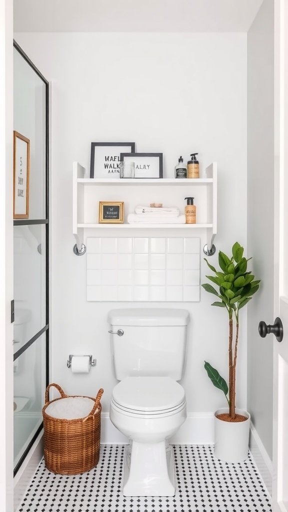 Custom shelving unit above a toilet in a stylish bathroom.