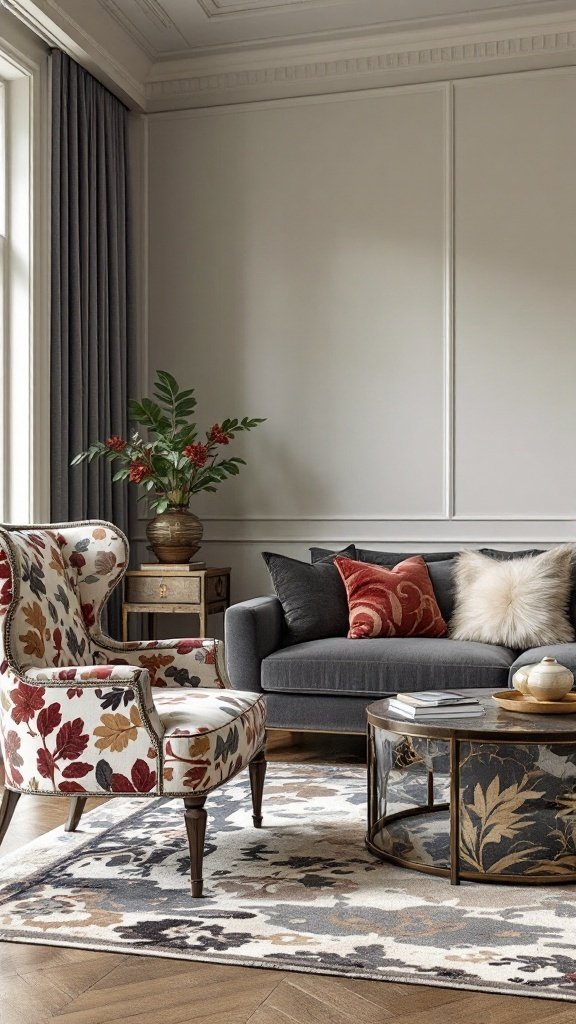 A stylish living room featuring custom upholstered furniture with floral patterns and a modern color palette.