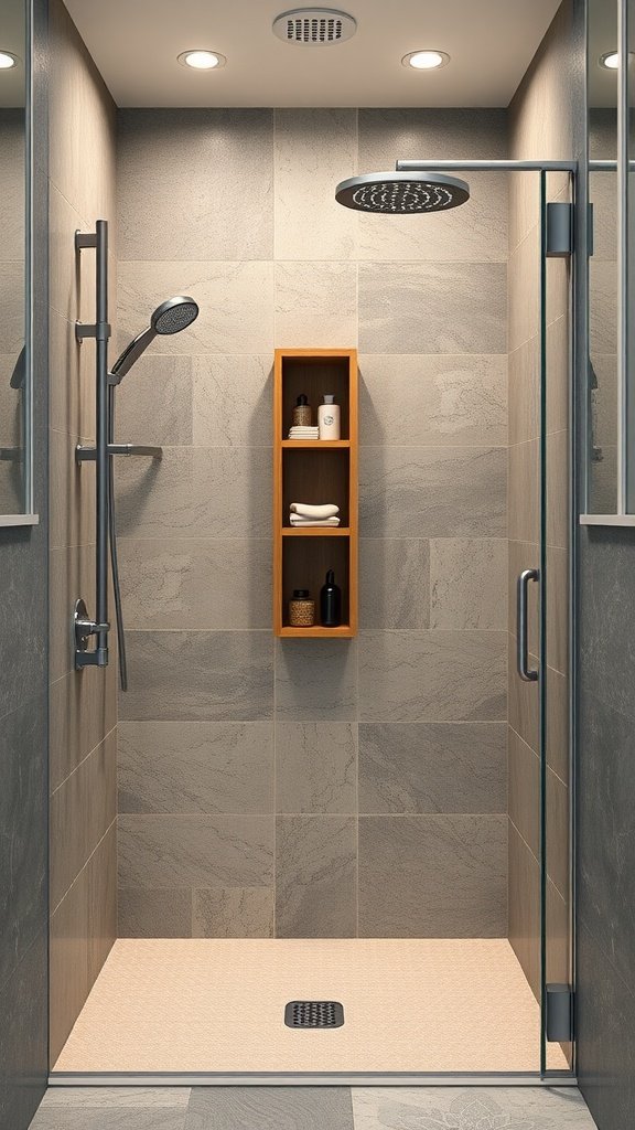 A modern shower with a built-in wooden shelf for storage, featuring a rain shower head and a handheld shower, set in a stylish tiled space.