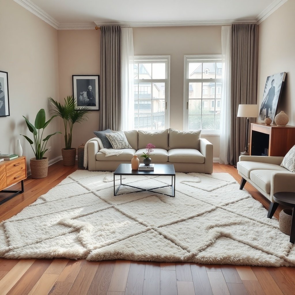 Cozy living room featuring a plush rug with a geometric pattern, a light-colored sofa, and natural light coming through windows.