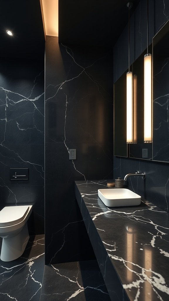 A luxurious bathroom featuring dark marble countertops and walls with white veining.