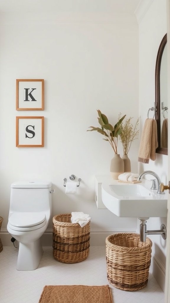 A bathroom featuring decorative baskets for storage, enhancing organization and aesthetics.