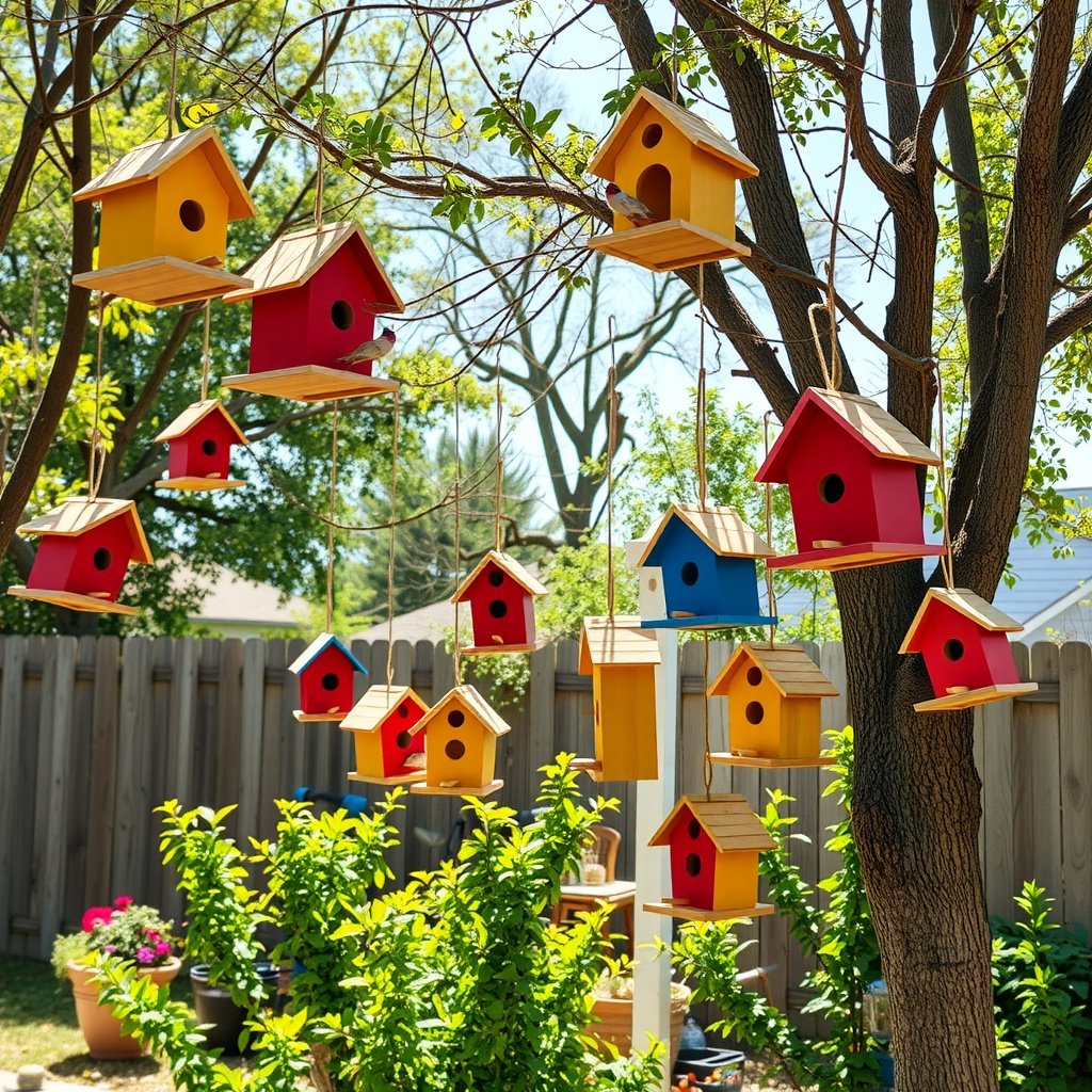 Colorful decorative birdhouses hanging from tree branches in a backyard.