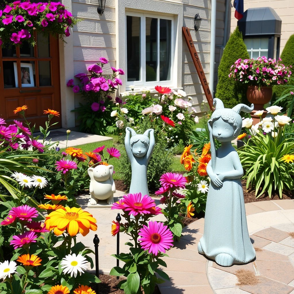 Decorative garden statues among colorful flowers in a sunny patio.