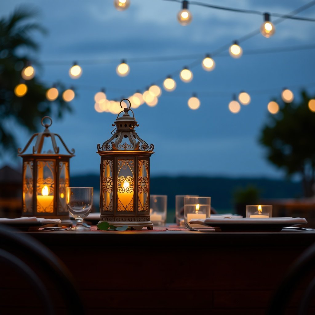 Table with decorative lanterns and candles glowing in the evening