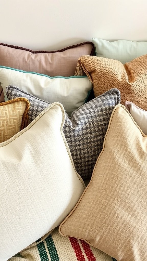 A variety of decorative pillows in soft colors and textures arranged together.
