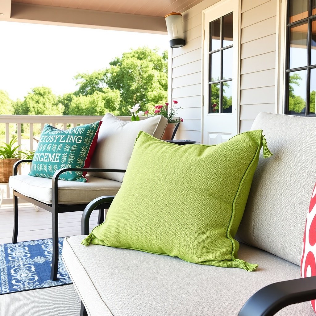 Colorful throw pillows on a porch sofa