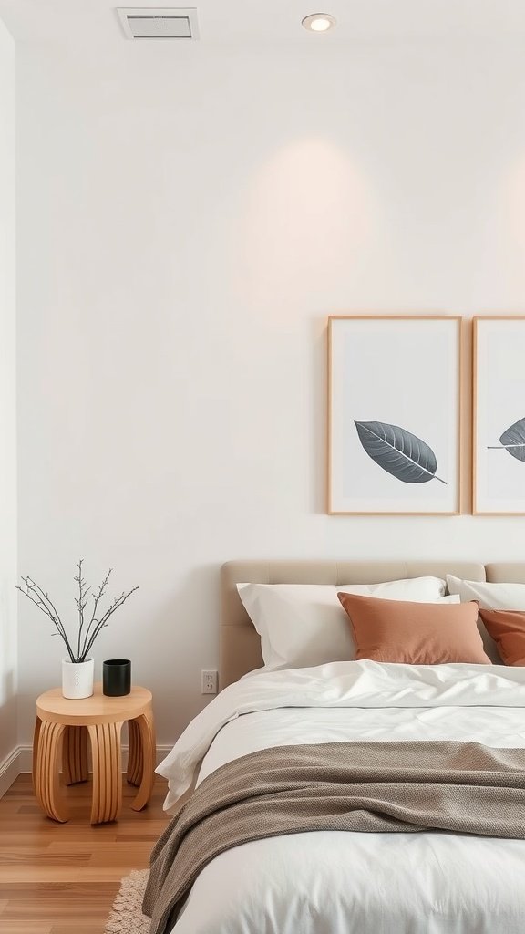 Neutral decor in a cozy bedroom featuring decorative wall art and a minimalist design.