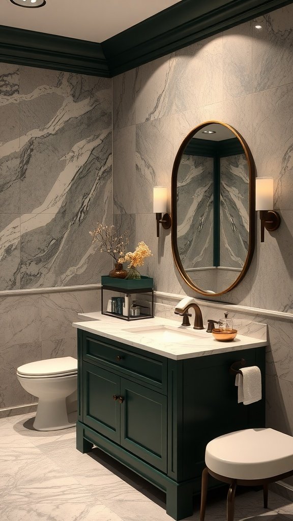A bathroom featuring a deep forest green vanity, marble walls, and warm lighting.