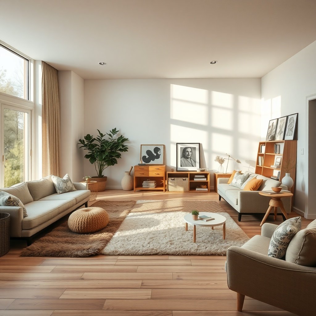 A cozy living room with plush rugs and natural light.