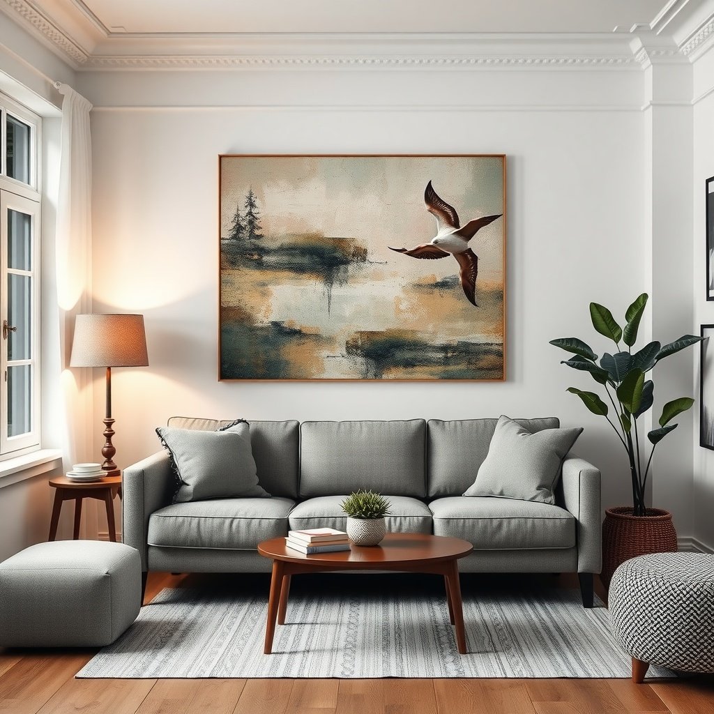 A stylish small living room featuring a large artwork above the sofa, creating a focal point.