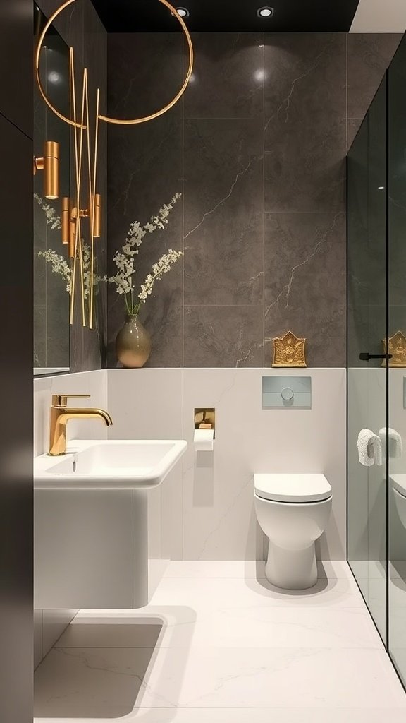 Elegant bathroom design featuring gold fixtures, a modern sink, and a bathtub.