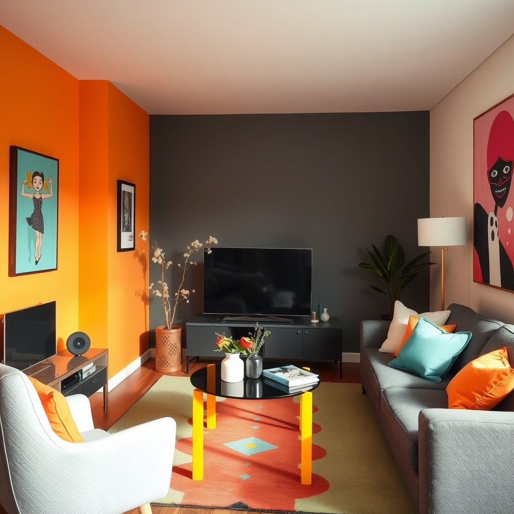 A small living room with bold orange and gray walls, colorful art, and contrasting furniture.