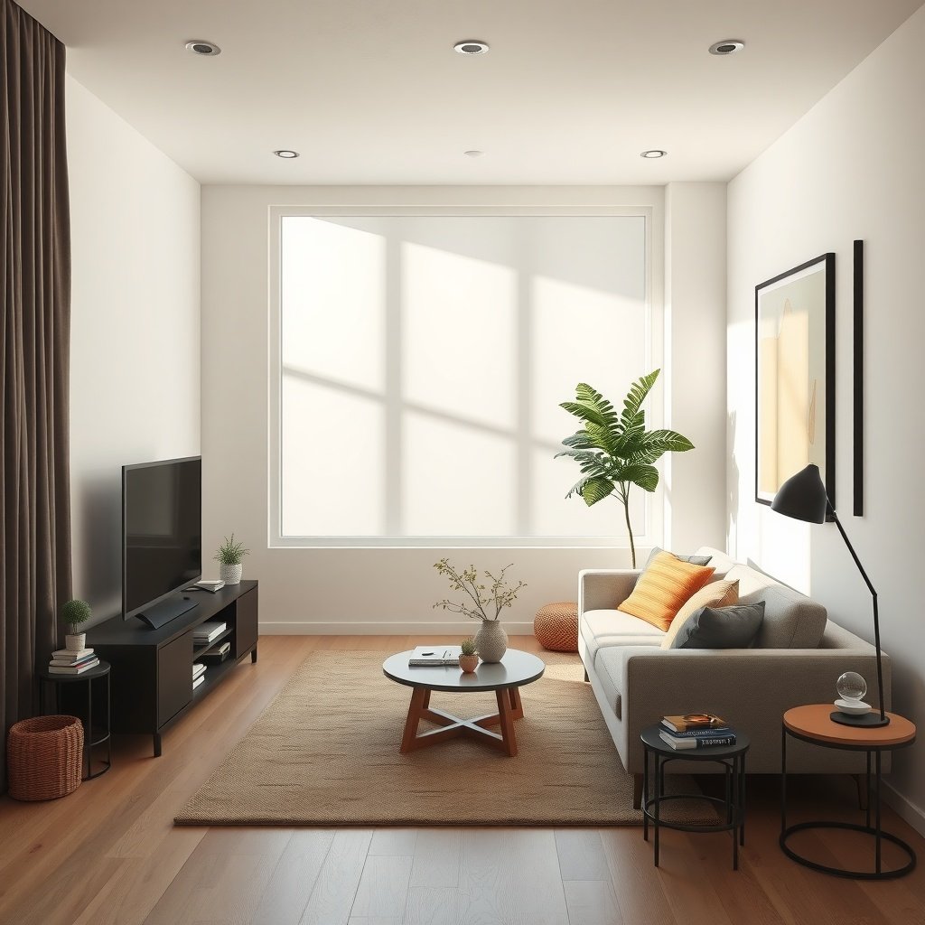 A small, minimalist living room with a light color scheme, a sofa, and a coffee table.