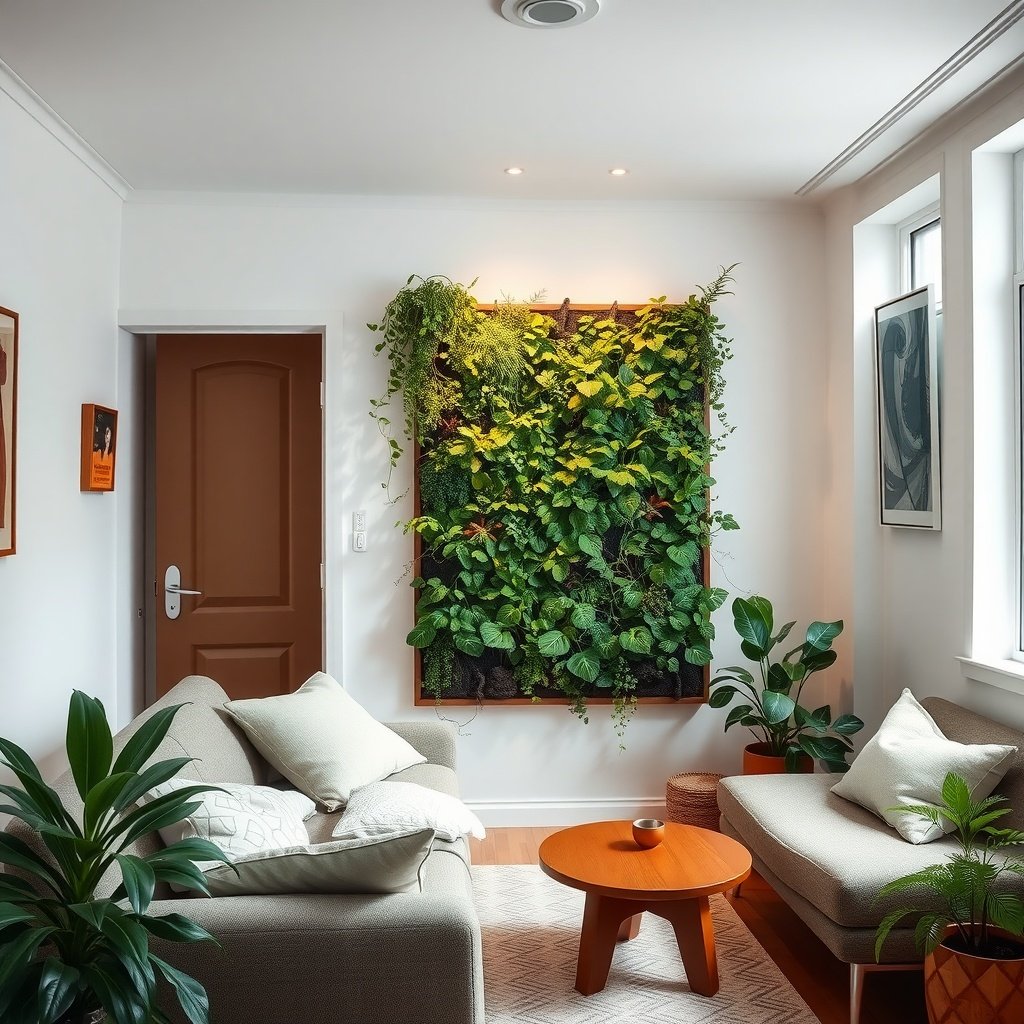 A small living room featuring a vertical garden on the wall, with cozy seating and a coffee table.