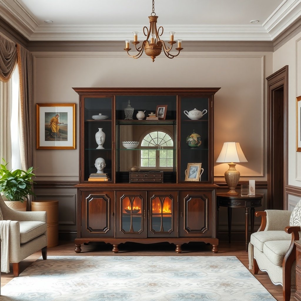 A beautifully arranged display cabinet with glass doors, showcasing decorative items in a cozy living room.