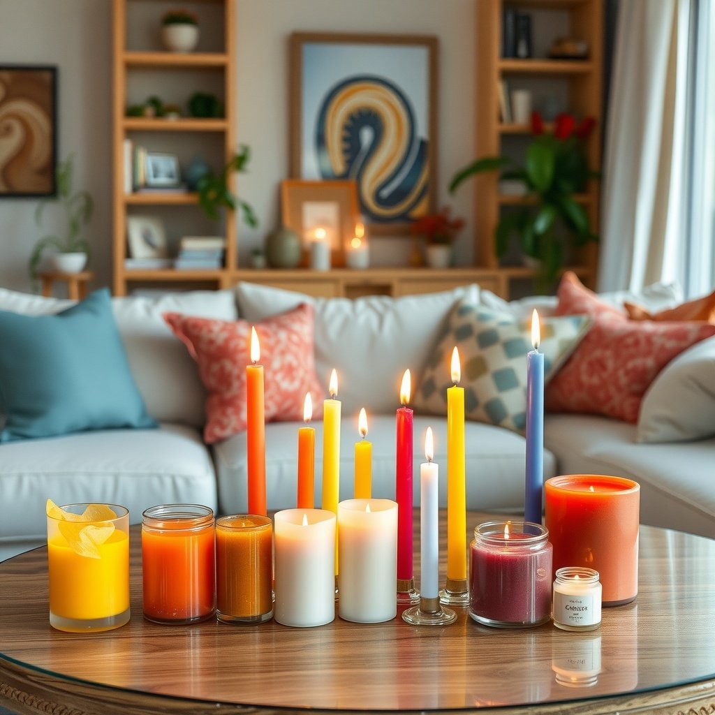 A variety of colorful candles arranged on a coffee table in a bright living room.