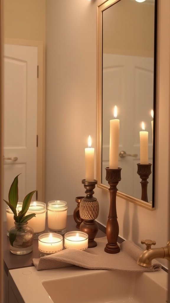 A stylish display of DIY candle holders in a bathroom setting