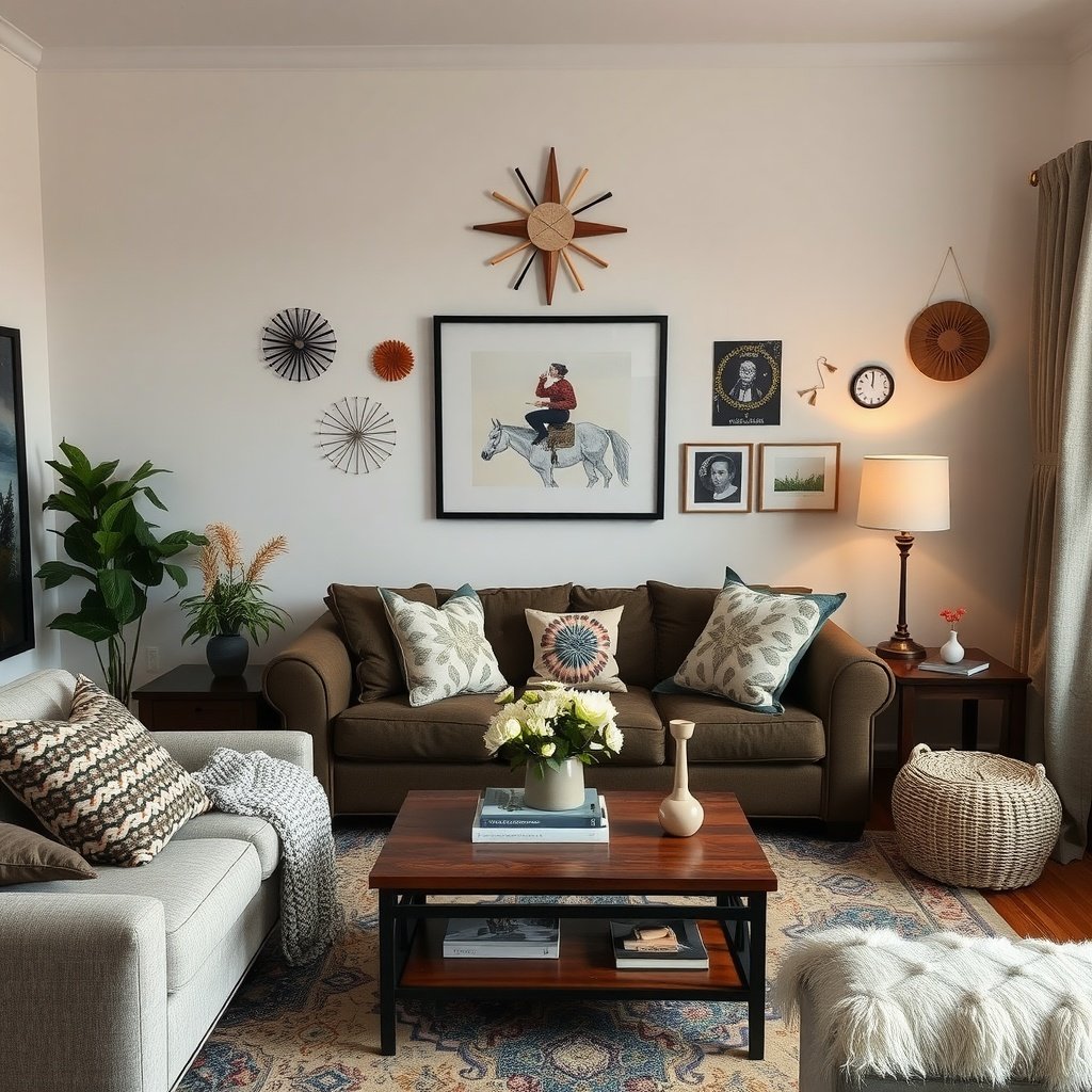 A cozy boho chic living room with decorative elements like wall art, pillows, and plants.