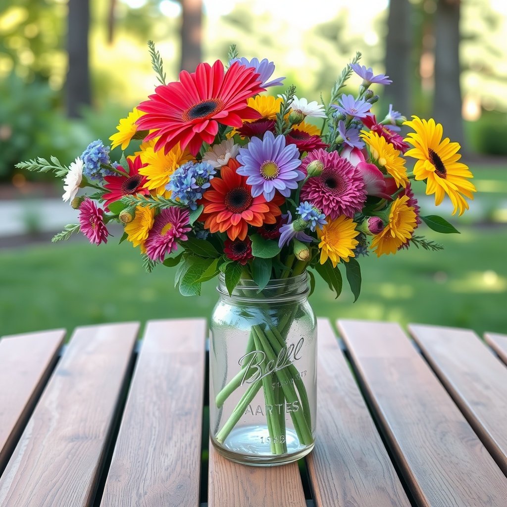A vibrant floral centerpiece in a mason jar filled with colorful flowers.