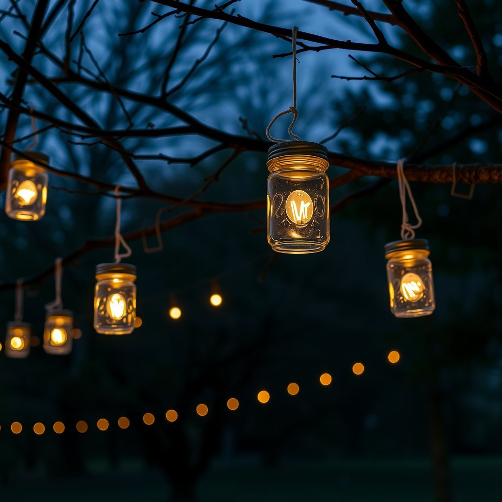 Mason jar lanterns hanging from branches at twilight, providing a warm glow.