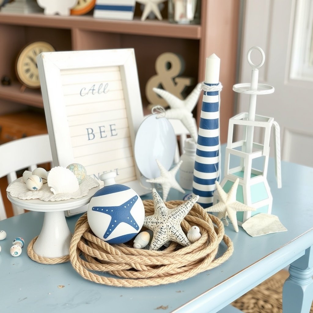 A variety of DIY nautical decor items on a table, including painted balls, rope, and starfish.