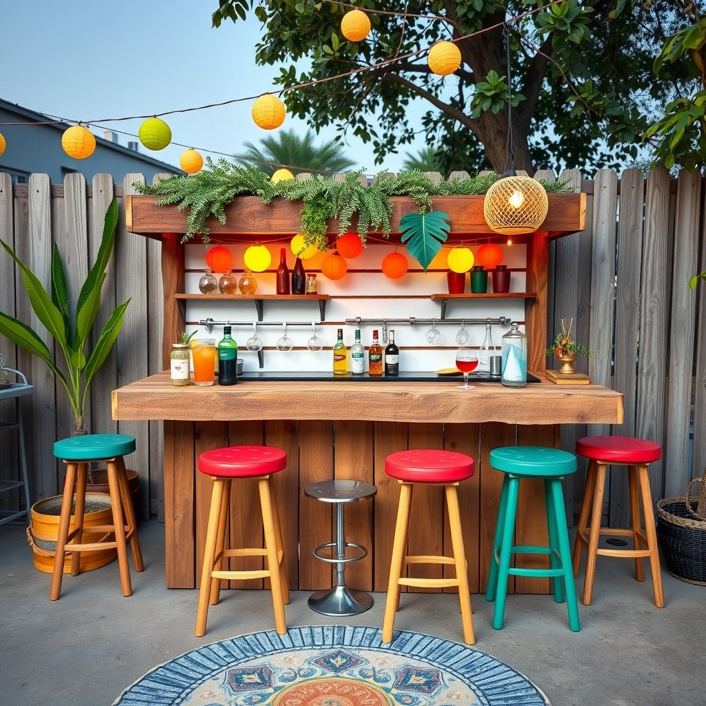 A DIY outdoor bar with colorful stools and string lights, perfect for summer entertaining.