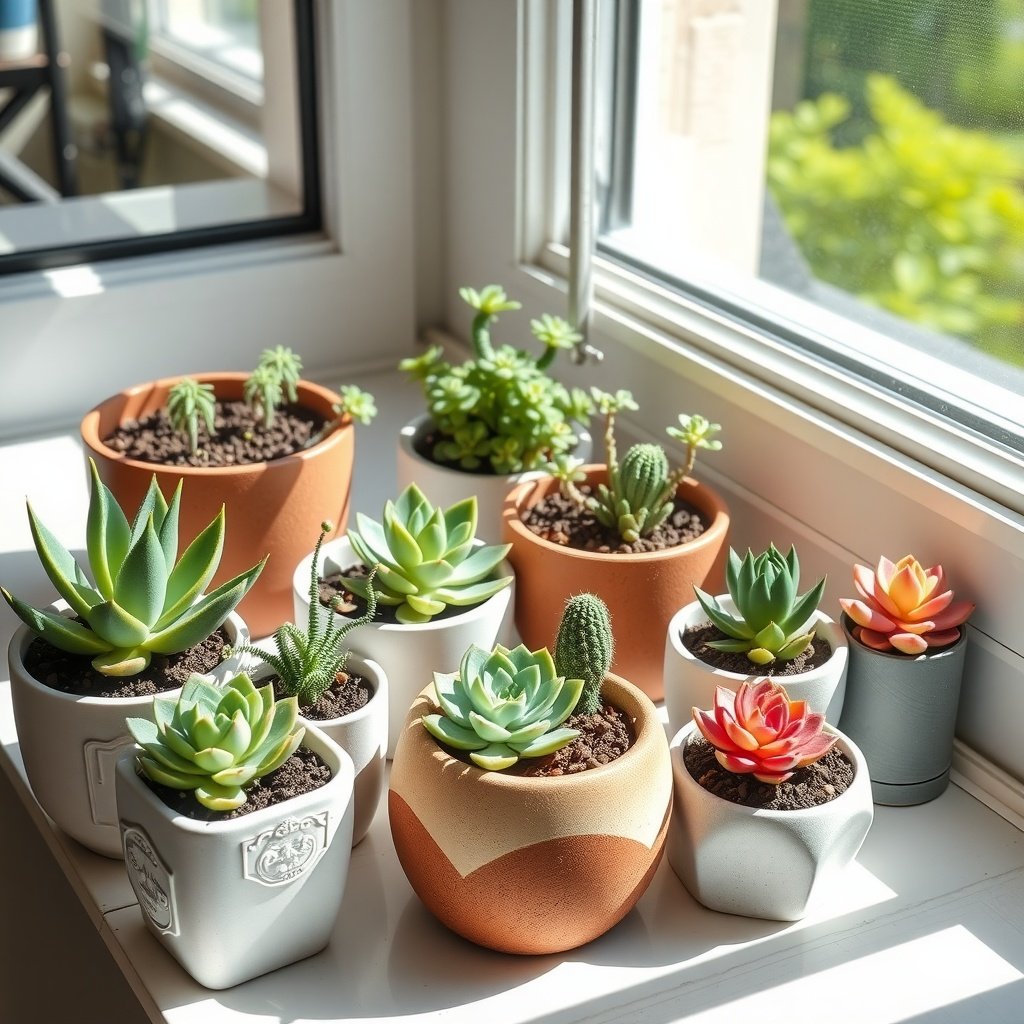 A collection of various succulent plants displayed in pots on a windowsill.