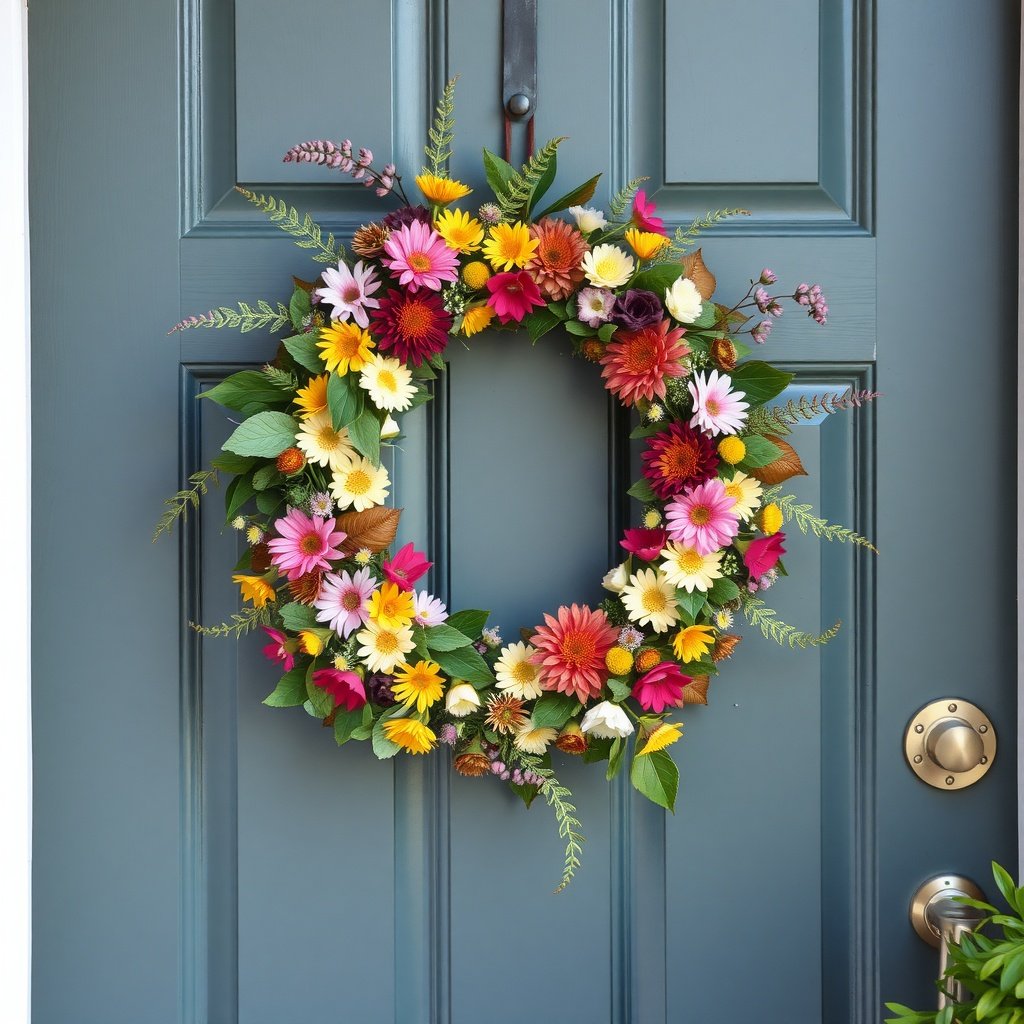Colorful summer wreath made of flowers and greenery hanging on a door.