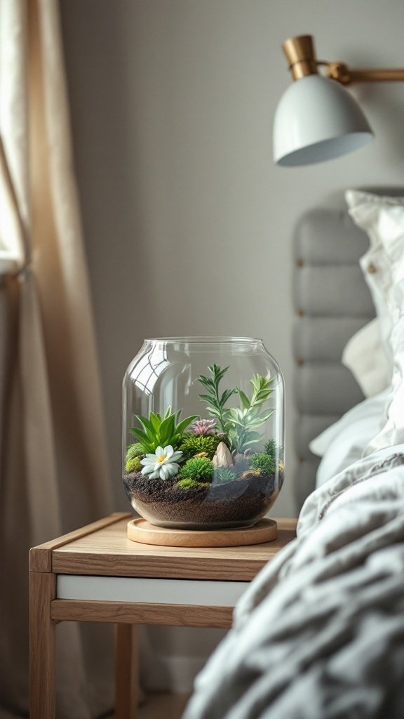 A beautifully arranged terrarium with various plants sits on a bedside table next to a lamp, creating a calming atmosphere.